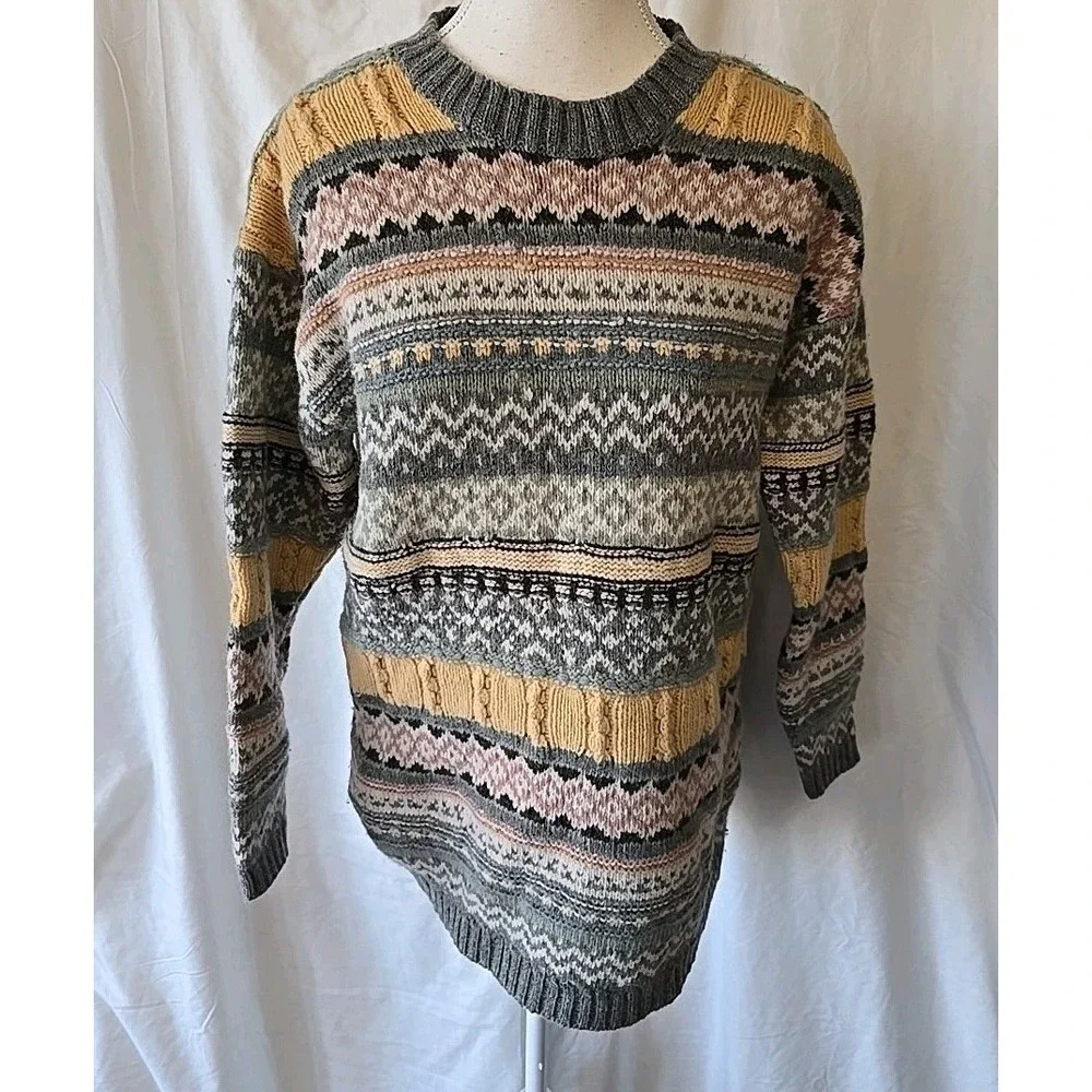 CHAUS Sport Womens S 100% Lambswool Pink Gray Yellow Stripe‎ Pullover Sweater